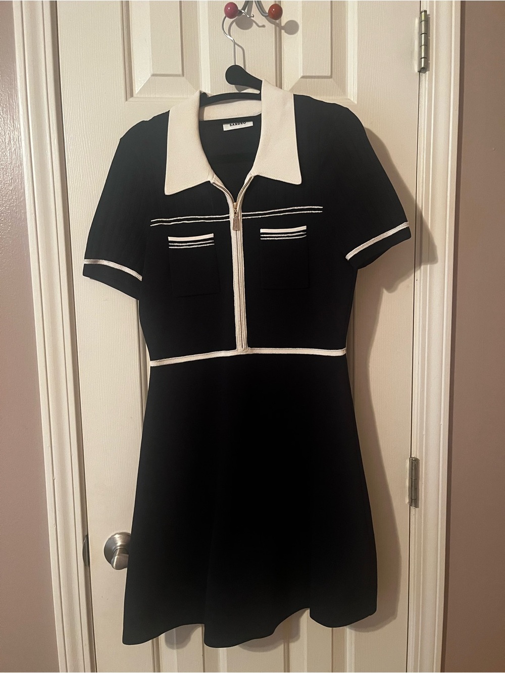 Zara Black Short-Sleeve A‑Line Dress with White Trim and Polo Collar